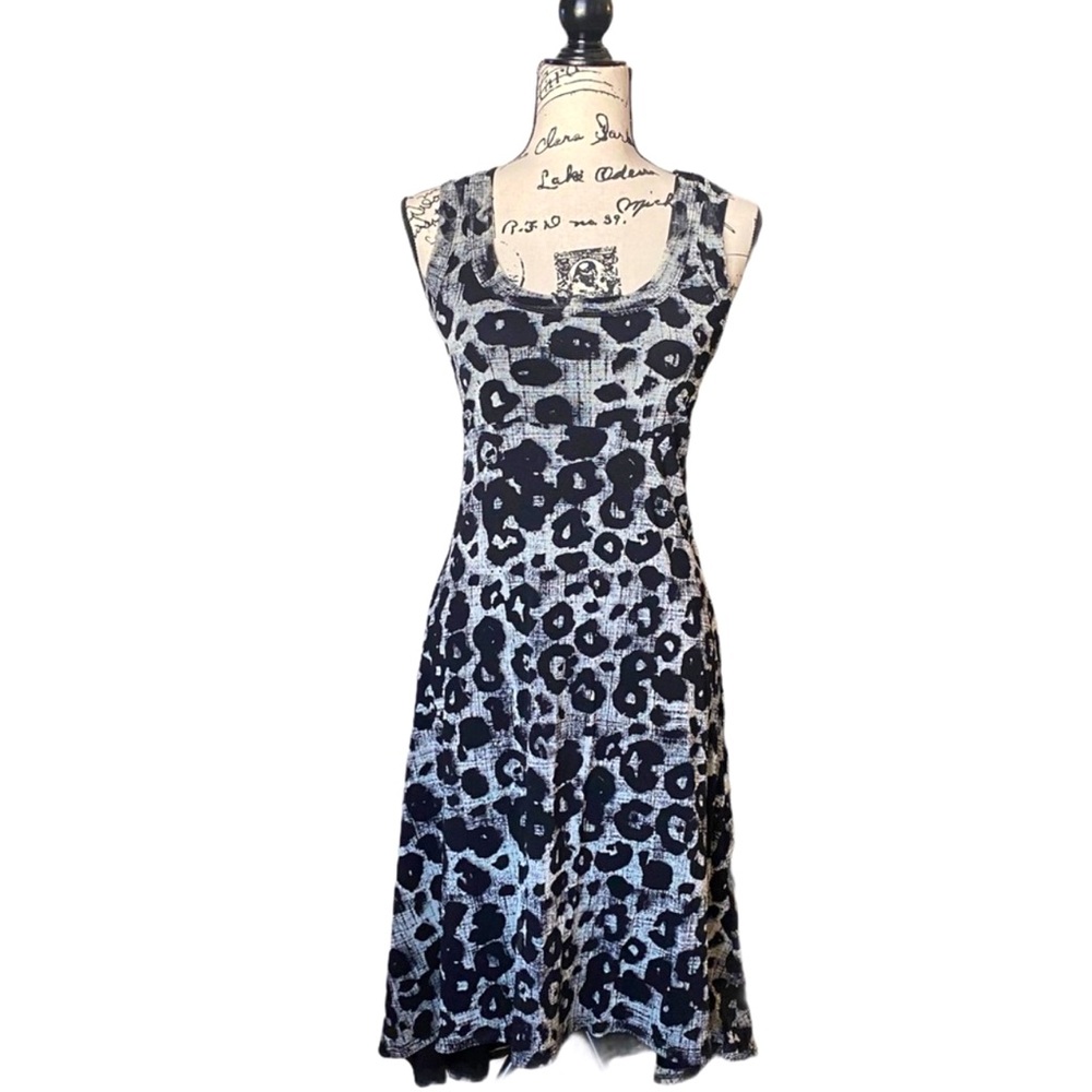 Black White Animal Print Nylon Mesh Hi Low Dress